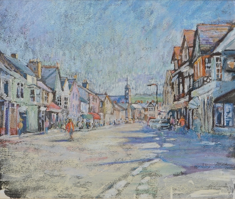 Sue McDonagh (contemporary), pastel and ink, ‘Crowbridge High Street’, unsigned, details verso, 44 x 52cm. Condition - good